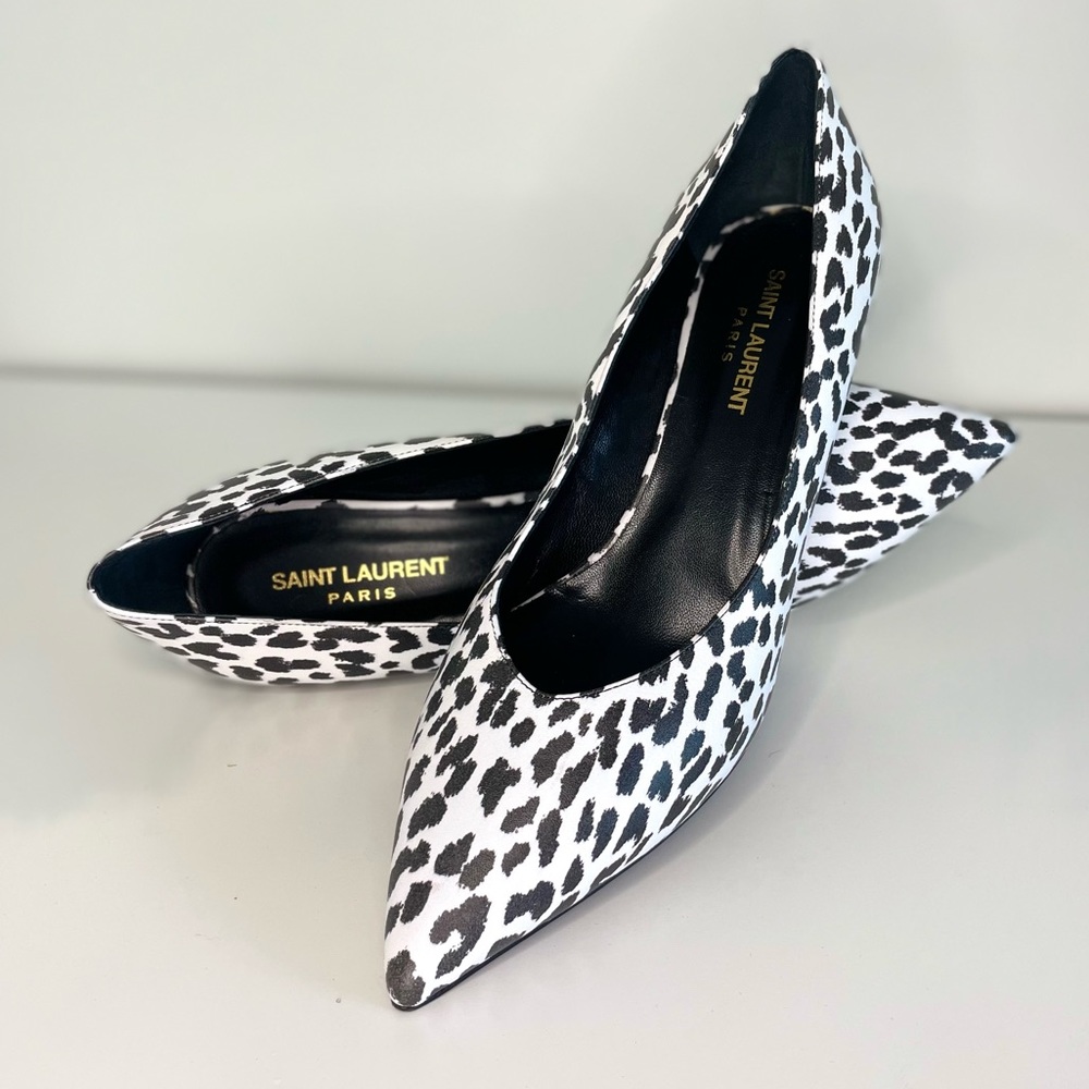 YVES SAINT LAURENT Black and White Leopard Print Kitten Heel